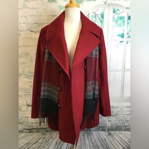 London Fog Red Pea Coat with Plaid Scarf